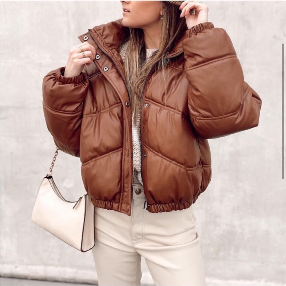 Zara Brown Leather Puffer Jacket